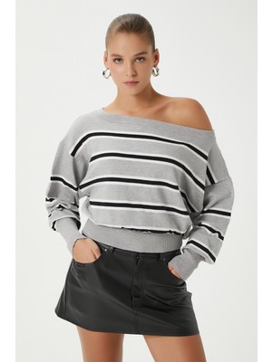 Ritnice Asimetrik Rib Kesim Premium Iplik Gri Siyah Çizgili Triko Kazak