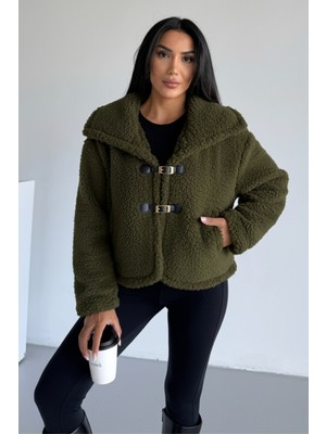 Hiramir Peluş Deri Tokalı Geniş Yakalı Mont Bej KS2502