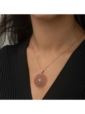 Costurera Gümüş Rose Geometrik Desenli Madalyon Kolye