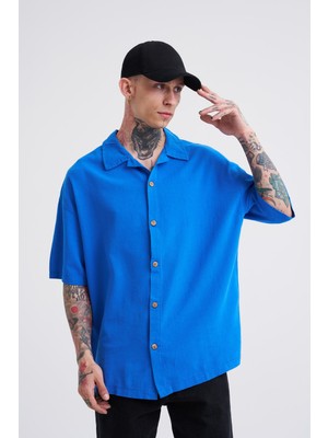 Machinist Oversize Kısa Kollu Keten Gömlek Saks Mavi