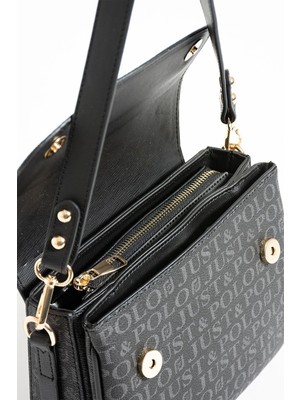 Just Polo Kadın Siyah Baskı Desenli Kolon Askılı 3 Bölmeli Omuz Çantası 2184MH