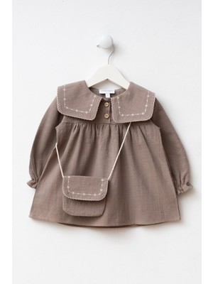 Magu Kız Çocuk Pamuklu Adaçayı Kahverengi Nakışlı Yaka Elbise Takım - Çantalı