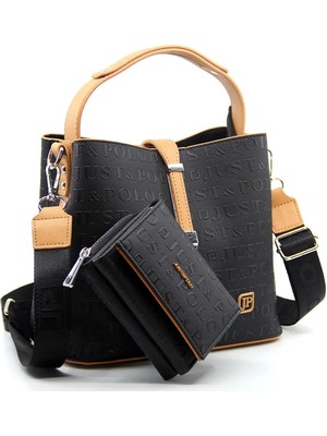 Just Polo Kadın Siyah Camel Orta Boy 3 Bölmeli Omuz Çantası ve Cüzdanı Kombin MH4002MH