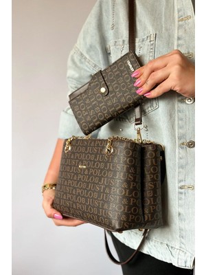 Just Polo Kadın Kahverengi Omuz Çantası ve Cüzdanı Kombin