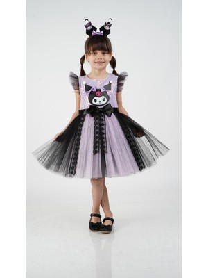 Magu Kız Çocuk Pamuklu Lila-Siyah Karakter Figürlü Payetli Tüllü Elbise - Dantel Şerit, Fiyonk Detaylı