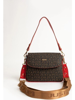 Just Polo Kadın Kahverengi Kırmızı Baskı Desenli Kolon Askılı 3 Bölmeli Omuz Çantası 2184MH