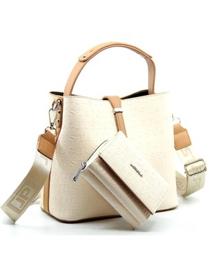 Just Polo Kadın Krem Camel Orta Boy 3 Bölmeli Omuz Çantası ve Cüzdanı Kombin MH4002MH