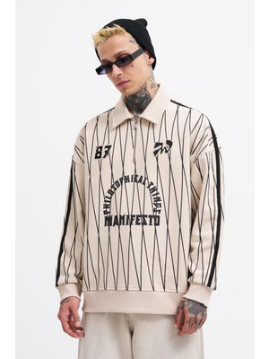 Machinist Erkek Printed And Zip Polo Sweatshirt Açık Bej