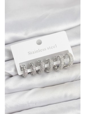 Evyora 316L Çelik Gümüş Renk Zirkon Taşlı Halka Küpe Seti