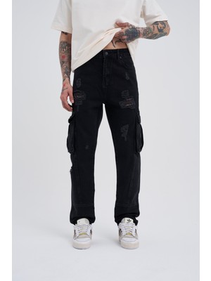 Machinist Erkek Yıkamalı Kargo Pantolon Siyah