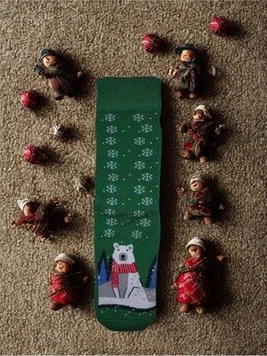 Christmas Socks Yeşil Ayıcıklı Kar Taneli Dokuma Yılbaşı Çorabı