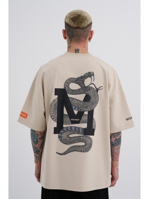 Machinist Erkek Snake Whatever Baskılı Oversize Tişört Açık Bej
