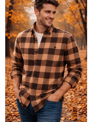 Varetta Erkek Kahverengi Ekose Kışlık Gömlek Klasik Kesim Yaka Düğmeli