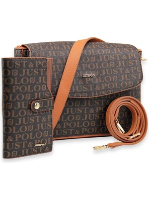 Just Polo Kahve Taba Baskı Desenli Kolon Askılı 4 Bölmeli Kadın Omuz Çantası ve Cüzdan Kombini