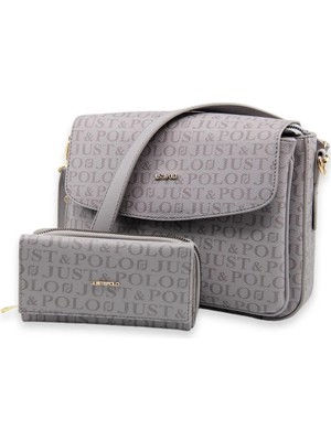 Just Polo Gri Gri Baskı Desenli Kolon Askılı 4 Bölmeli Kadın Omuz Çantası ve Cüzdan Kombini