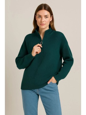 Kendim Fashion Kadın Yarım Fermuarlı Triko Kazak – Selanik Örgü, Dik Yaka, Pamuklu Dokuma, Oversize Uzun Kollu Kışlık Model - Haki