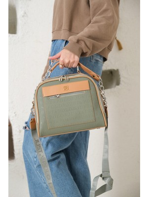 Just Polo Kadın Yeşil Taba Gofraj Baskılı Jilet Motifli Fermuar Uçları Vegan Omuz Çantası