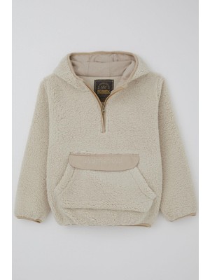 Reycan Kız Çocuk Peluş Sweatshirt Kapüşonlu Kanguru Cepli 5-8 Yaş, Taş