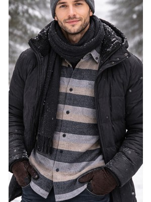 Varetta Erkek Gri Kışlık Gömlek Cepli Klasik Kesim Uzun Kollu Kumlu Kışlık Gömlek