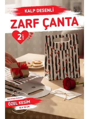 T Tuğset Etiket Kalp Baskılı Zarf Model Karton Çanta 15X18X6CM 2 Adet ,sevgililer Günü Hediye Kutusu ÇANTASI-T1550