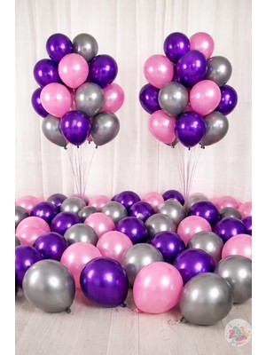 Joyane Metalik Mor Pembe Gri Balon Seti 30’lu | 11 Inç A Kalite Lateks Balon, Parti & Oda Süsleme