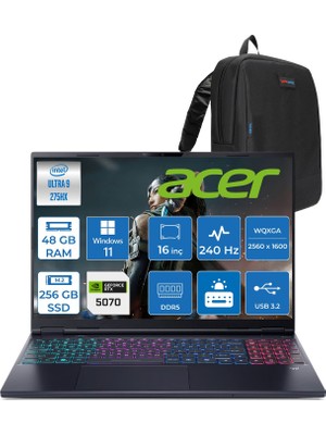 Acer Predator Helıos Neo 16S Aı Intel®core™ Ultra 9 275HX 48GB Ddr5 256GB SSD 8GB/RTX5070 115W OLED 16"wqxga 2560 x 1600 240Hz WIN11PRO Gaming Bilgisayar. NHQZFEY002P11+ZETTAÇANTA