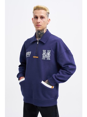 Machinist Erkek Felt Badge Zip Polo Sweatshirt Gece Mavisi