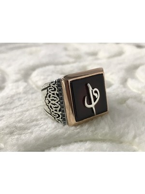 Canka Akik Taşlı Elif Vav İşlemeli 925 Ayar Gümüş Erkek Yüzük