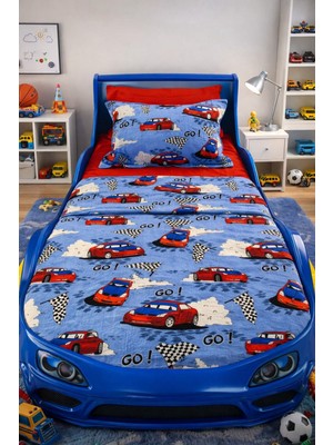 Miar Tek Kişilik Araba Desenli Pike Takımı 4 Parça | %100 Pamuk Lastikli Çarşaflı