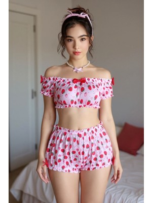 Burcumay Kadın Kısa Şortlu Fiyonk Detaylı Çilekli Büstiyer Mini Pembe Pijama Takım