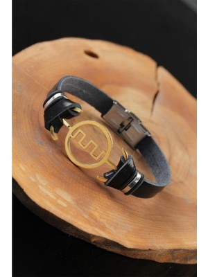 Skygo Gold Renk Metal Labirent Tasarım Siyah Renk Deri Erkek Bileklik - TJ-EB2555-KS