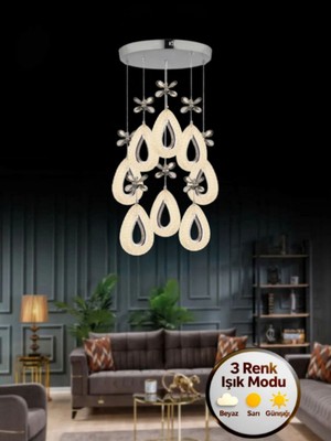 Litra Lighting Damla Model 8'li Gümüş 3 Renk Modu Kristal Taşlı Modern Salon Mutfak Oturma Çocuk Odası LED Avize