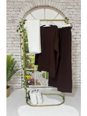 Anje Desenli Triko Takım Kahve