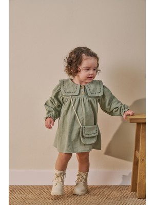 Magu Kız Çocuk Pamuklu Adaçayı Yeşili Nakışlı Yaka Elbise Takım - Çantalı