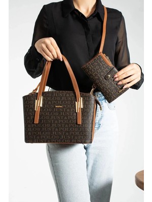 Just Polo Giza Kahverengi-Taba Çanta Cüzdan Kombini