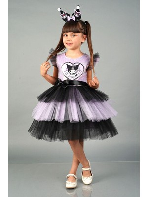 Magu Kız Çocuk Pamuklu Lila-Siyah Karakter Figürlü Payetli Kat Kat Tüllü Elbise - Saten Kemer Fiyonk