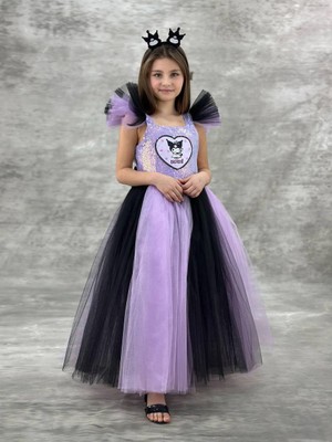 Magu Kız Çocuk Pamuklu Lila-Siyah Karakter Aplikeli Payetli Tüllü Elbise - Kat Kat Prenses Model