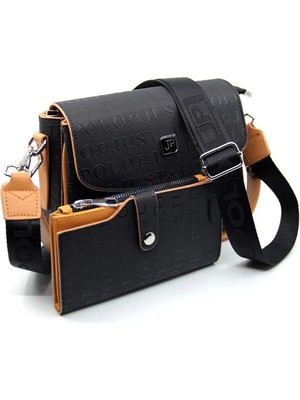 Just Polo Siyah Taba Baskı Desenli Kolon Askılı 4 Bölmeli Kadın Omuz Çantası ve Cüzdan Kombini