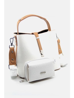Just Polo Kadın Beyaz Camel Orta Boy 3 Bölmeli Omuz Çantası ve Cüzdanı Kombin MH4002MH