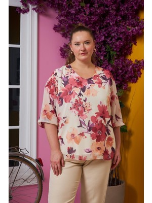 Rmg Çiçek Desenli Kol Lastikli Bisiklet Yaka Büyük Beden Şifon Bluz Mor