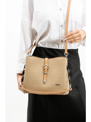 Just Polo Kadın Krem Taba Gofraj Baskılı Desenli Fermuar Kapama Vegan Omuz ve El Çantası 4019