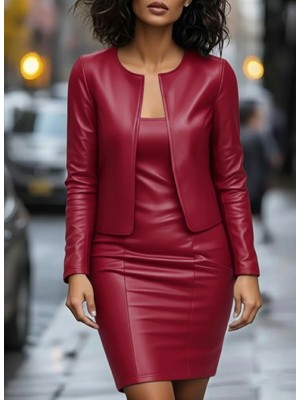 Kendim Fashion Kadın Uzun Kollu Önü Açık Deri Ceket ve Askılı Yuvarlak Yakalı Mini Elbise Ikili Takım