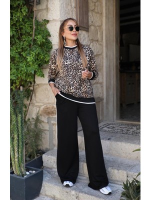 Moderie Butik Kadın Uzun Kollu Bisiklet Yaka Leopar Desenli Iki Iplik Bluz ve Viskon Iki Iplik Pantolon Ikili Takım