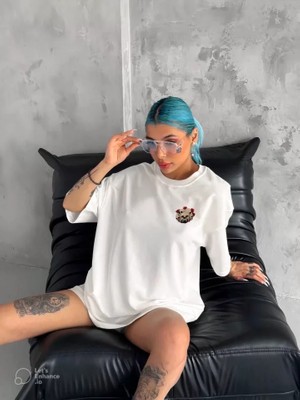 Dua Giyim Unisex Bisiklet Yaka Baskılı Oversize T-Shirt - Beyaz