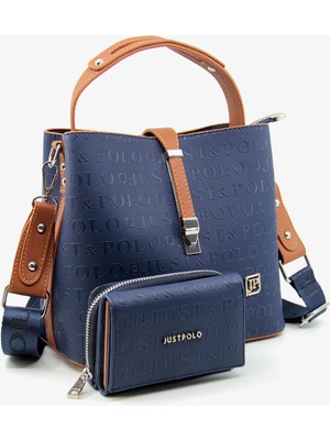 Just Polo Kadın Lacivert Taba Orta Boy 3 Bölmeli Omuz Çantası ve Cüzdanı Kombin MH4002MH