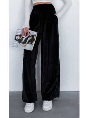 Kendim Fashion Kadın Yüksek Ben Beli Lastik Detay Kadife Kumaş Bol Paça Pantolon
