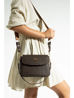Just Polo Kadın Kahverengi Baskı Desenli Kolon Askılı 3 Bölmeli Omuz Çantası 2184MH