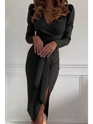 Kendim Fashion Kadın Uzun Kollu Kruvaze Yakalı Yandan Yırtmaçlı Belden Kuşaklı Midi Ithal Krep Elbise