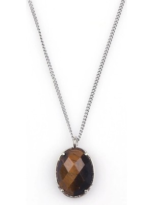 Taşmir Kaplan Gözü Doğal Taş Gümüş Renkli Kolye