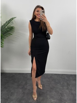 Kendim Fashion Kadın Askılı Kolsuz Belden Büzgülü Yırtmaçlı Midi Janjan Krep Elbise